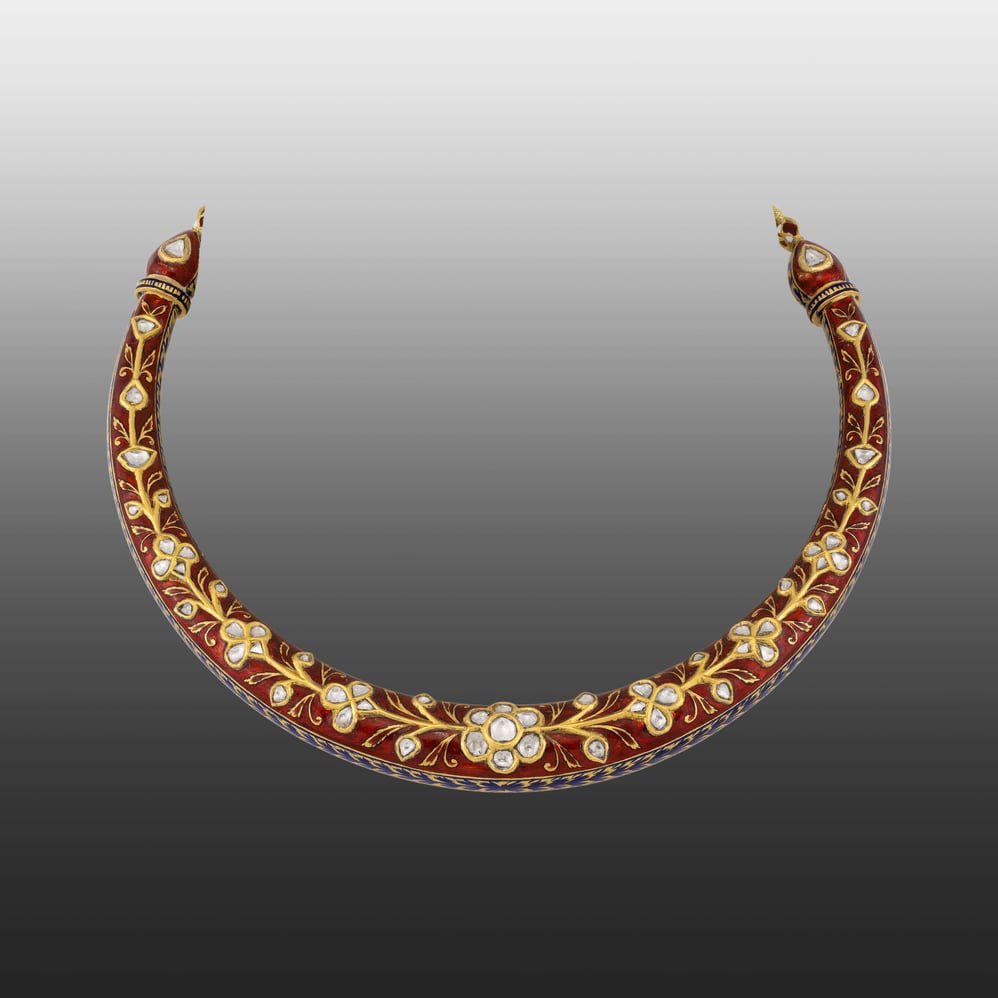 Floral Hasli with Uncut Polki & Red Enamel Detailing
